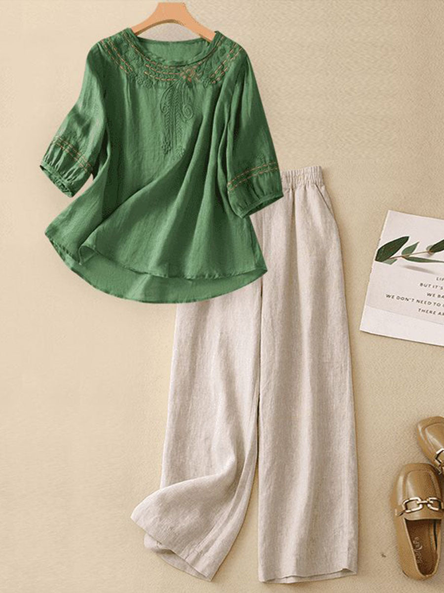 Stark™ | Conjunto de dos piezas para mujer compuesto por un top bordado de algodón y lino y unos pantalones informales de corte ancho