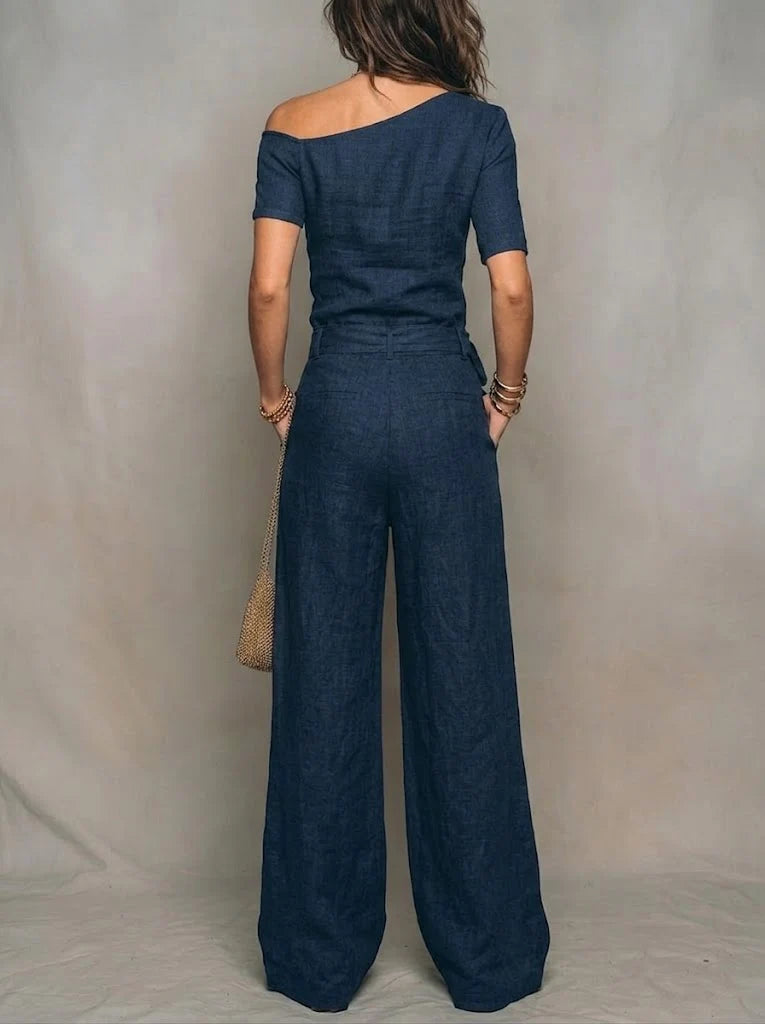Women's Linen One-shoulder Jumpsuit With Wide-leg Pants