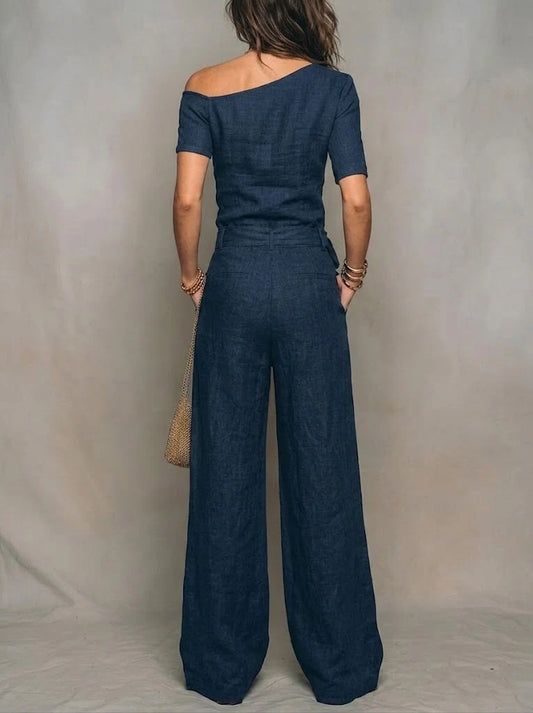 Women's Linen One-shoulder Jumpsuit With Wide-leg Pants