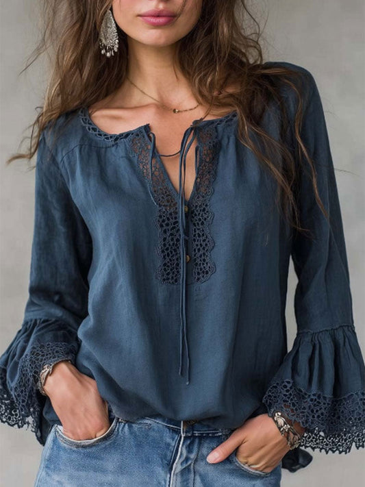 Jx™ | Camisa retro de algodón y lino con cuello de encaje para mujer