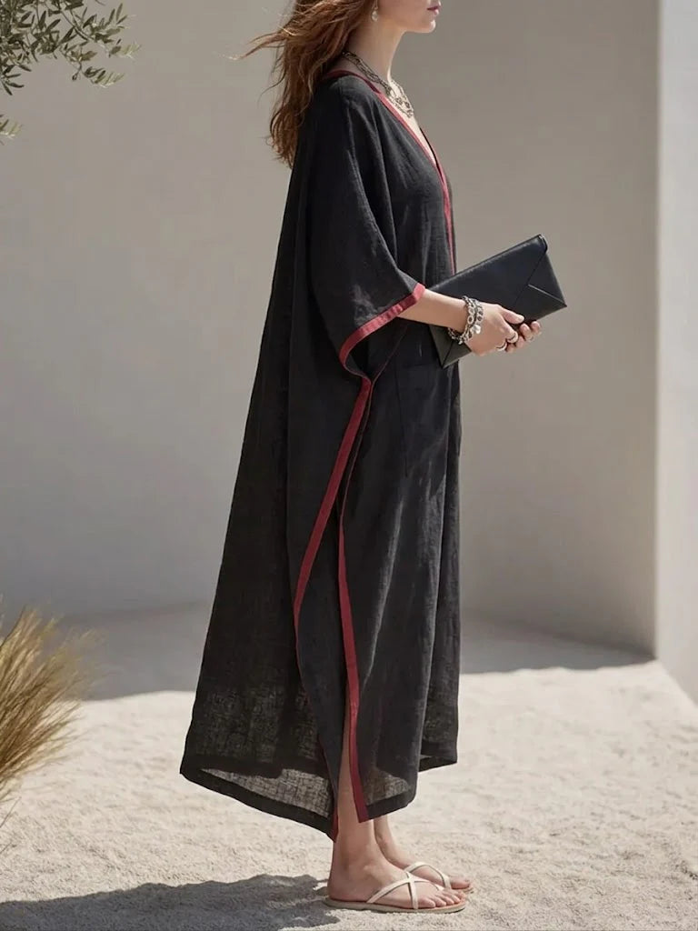 Tulle™ | Vestido de mujer con superposición de lino en bloques de color negro y rojo