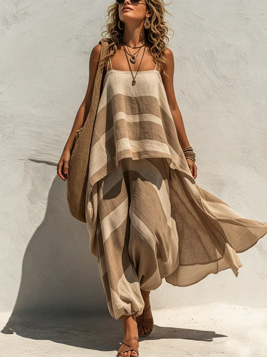 Pure™ | Conjunto de dos piezas de lino y algodón a rayas, cómodo y desenfadado: top de tirantes finos y pantalones acampanados