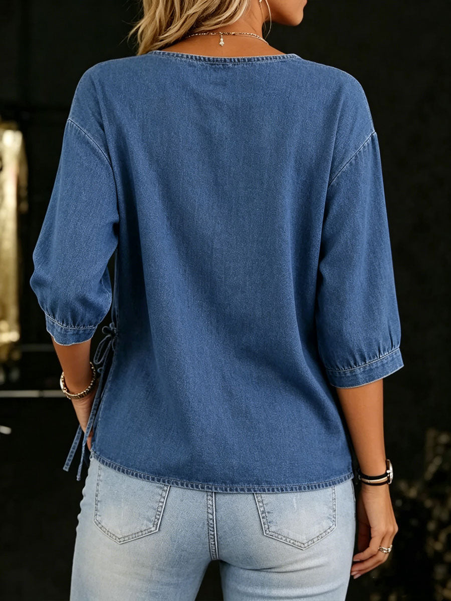 Tfra™ | Camisa vaquera de mujer de corte holgado y cómodo, con cuello redondo y mangas de longitud media