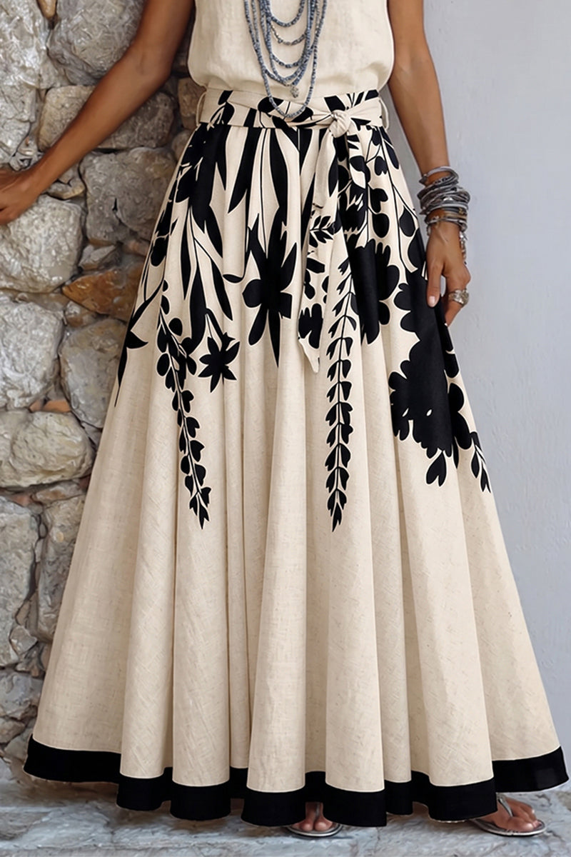 Void™ | Conjunto de dos piezas (falda y top) de algodón y lino con estampado artístico de flores y hojas