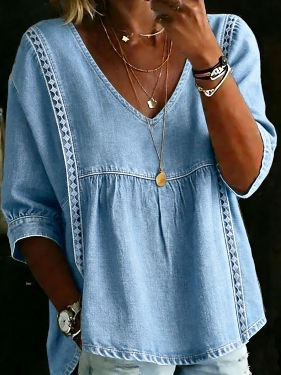 Estelarís™ | Top informal de denim con encaje y patchwork