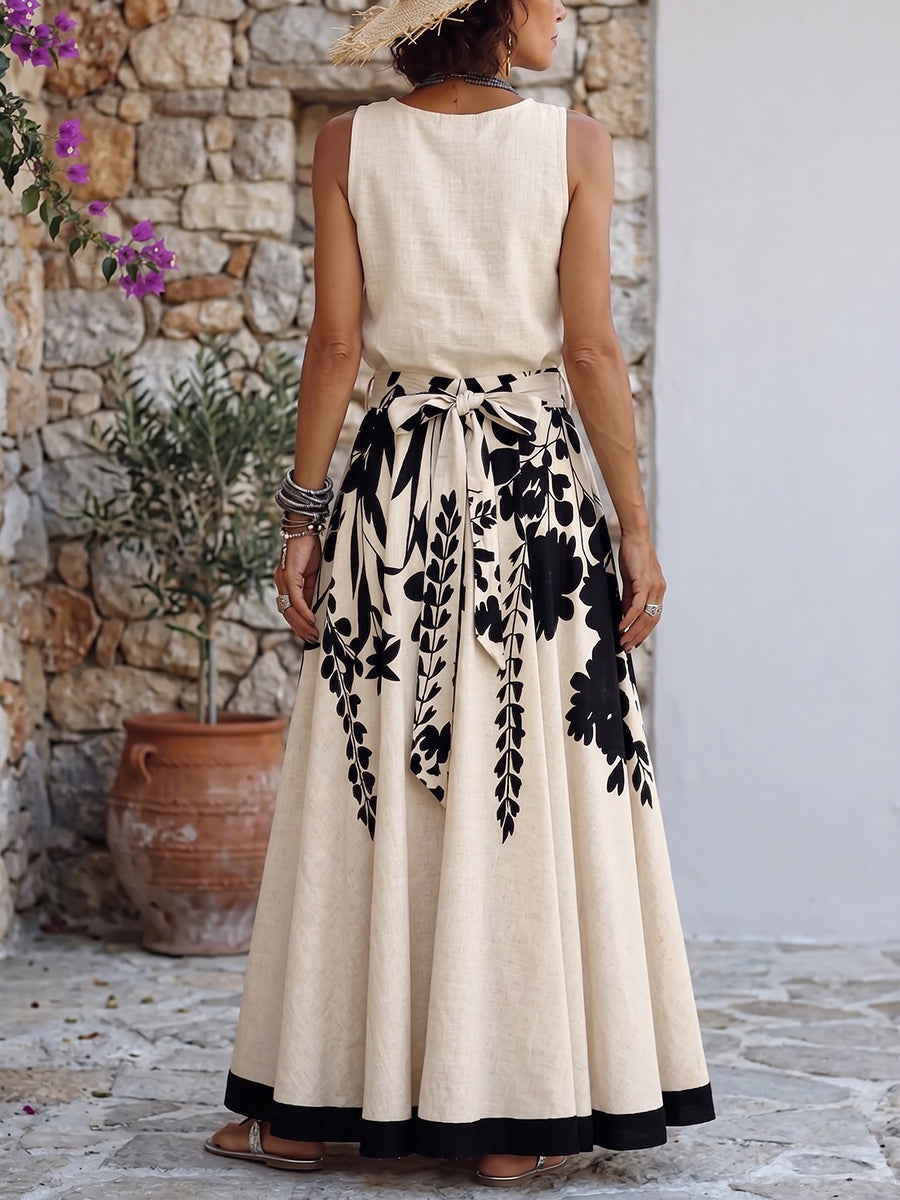 Void™ | Conjunto de dos piezas (falda y top) de algodón y lino con estampado artístico de flores y hojas