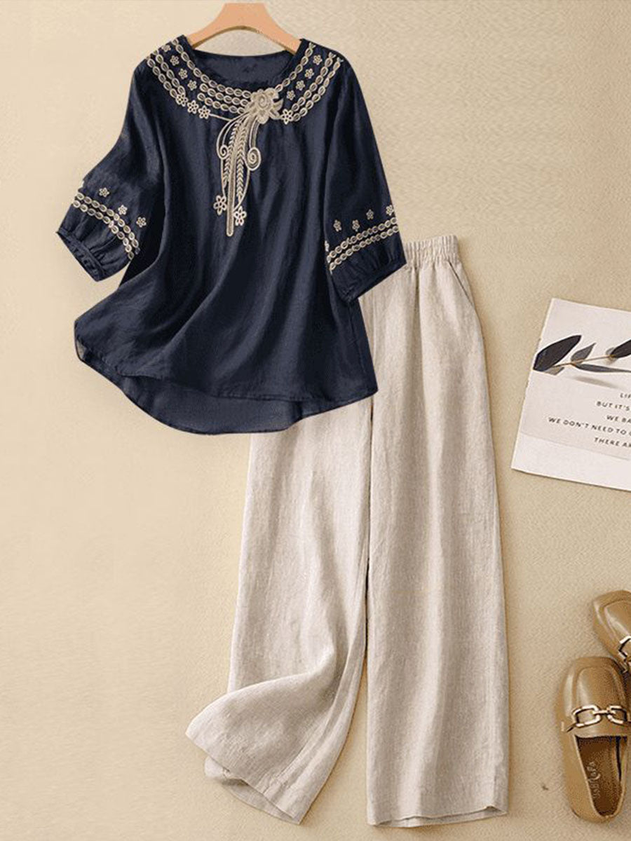 Stark™ | Conjunto de dos piezas para mujer compuesto por un top bordado de algodón y lino y unos pantalones informales de corte ancho
