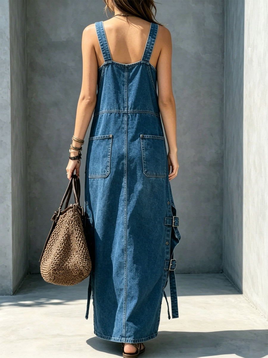 Orbit™ | Vestido largo de mezclilla para mujer, estilo retro, moderno, artístico, informal, elegante y cómodo