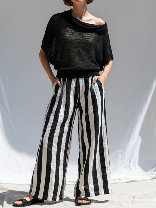 Astrid™ | Conjunto de dos piezas informal y cómodo: top de punto y pantalones a rayas de lino y algodón