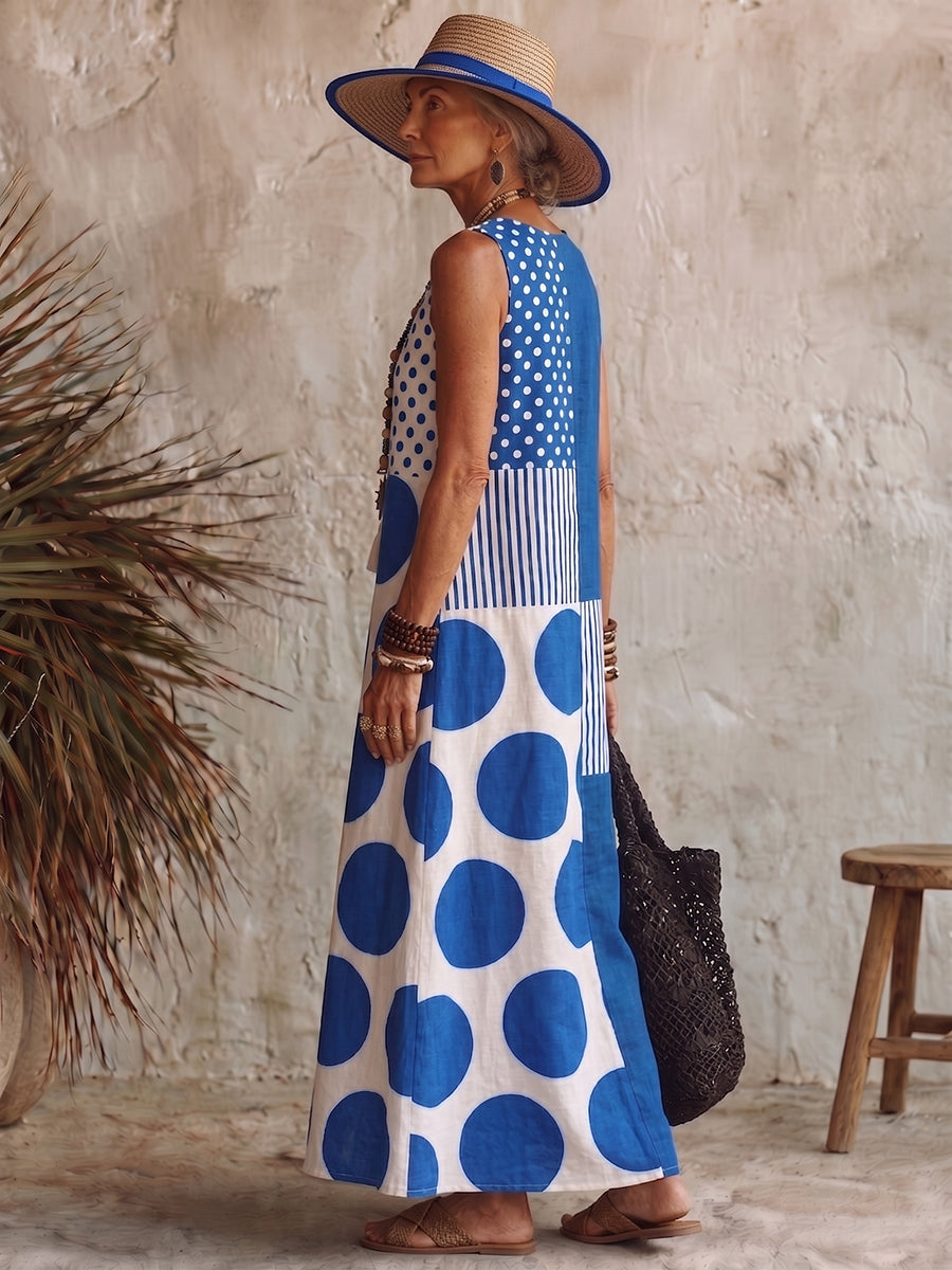 Saga™ | Vestido artístico de algodón y lino con lunares y rayas