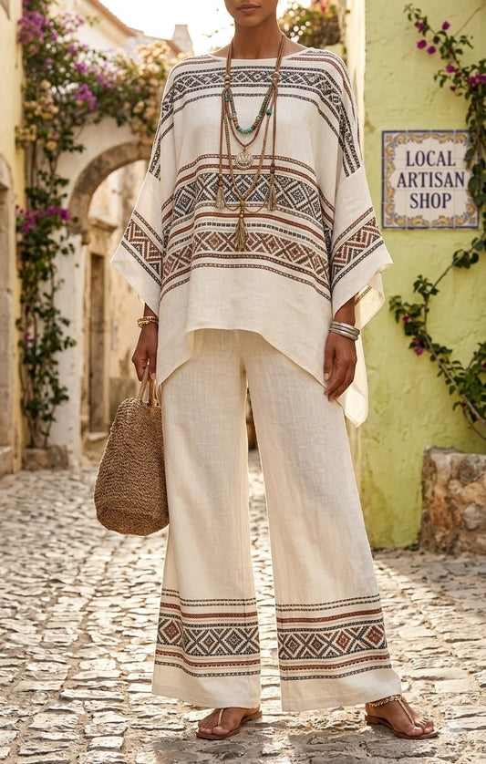 Frame™ | Conjunto de dos piezas de corte holgado, estilo informal y étnico: top y pantalones de lino y algodón con estampado geométrico