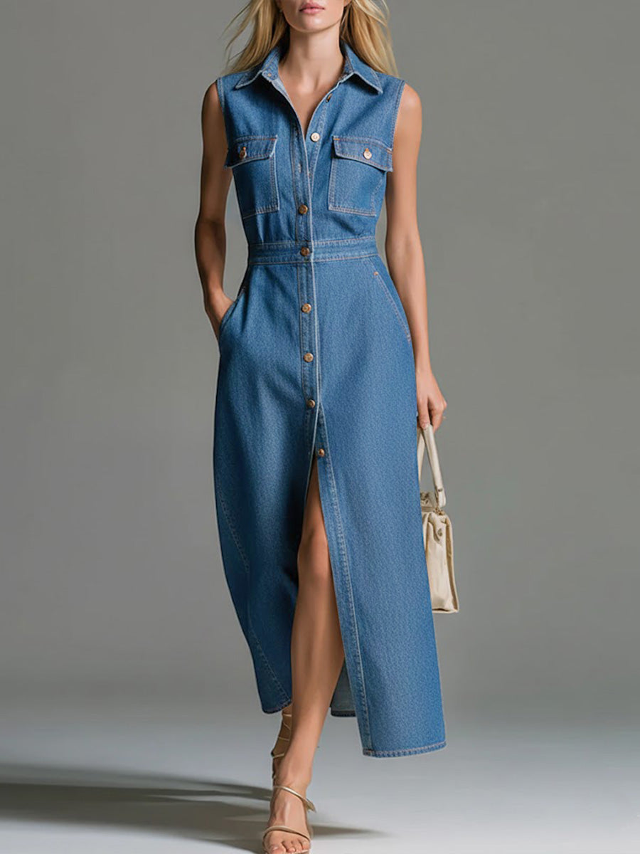 Mildra™ | Vestido informal de denim sin mangas y holgado con cuello de camisa para mujer