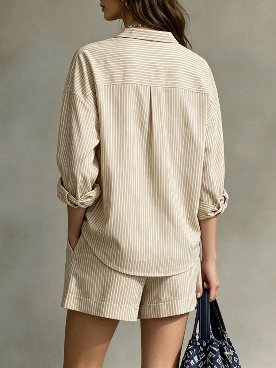 Women's Striped Long-sleeve V-neck Shirt And Shorts Suit