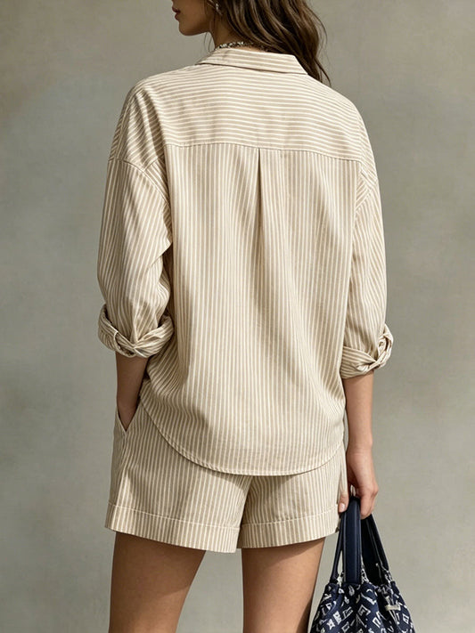 Women's Striped Long-sleeve V-neck Shirt And Shorts Suit