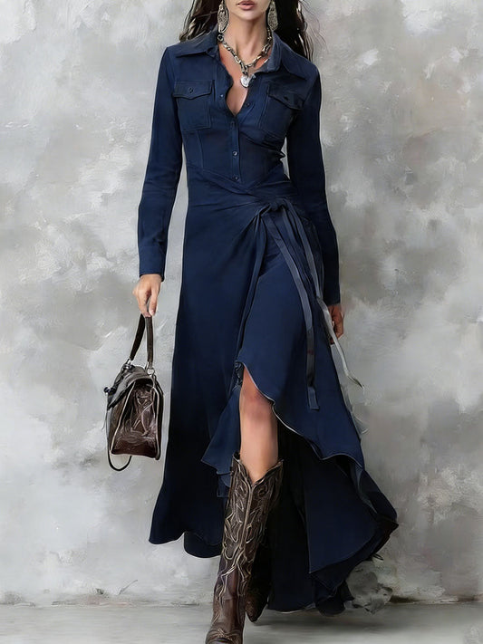 Quartzia™ | Vestido midi de denim con solapas y diseño artístico para mujer