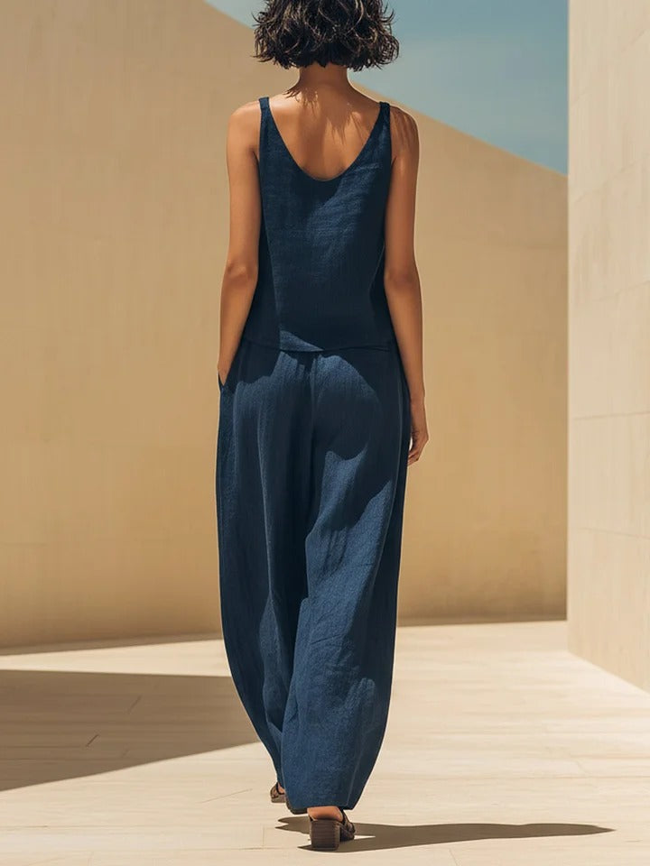 Amel™ | Conjunto de dos piezas en denim azul marino (top sin mangas + pantalones de pierna ancha)