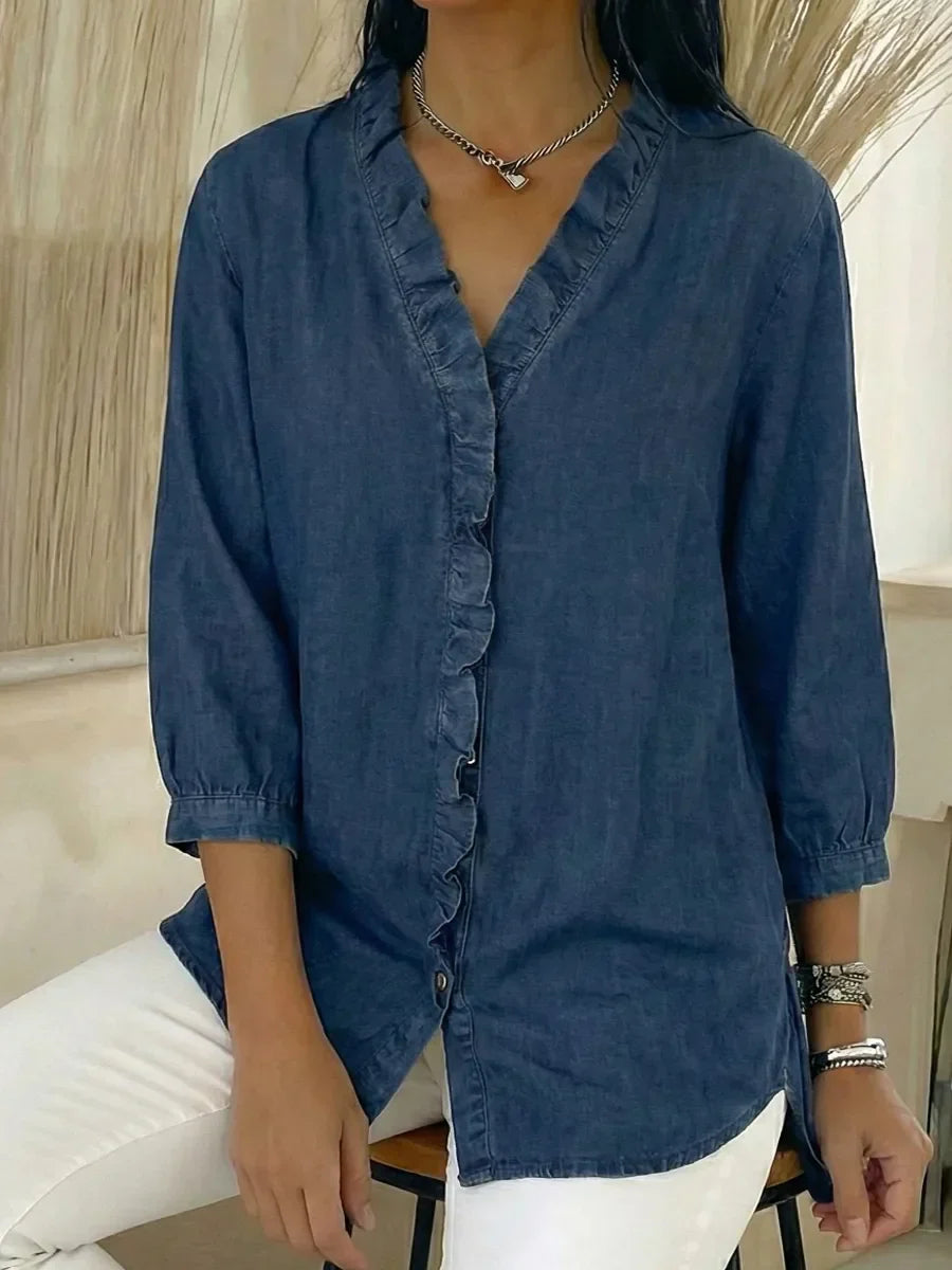 Maximila™ | Camisa informal de mujer de denim con cuello en V y volantes