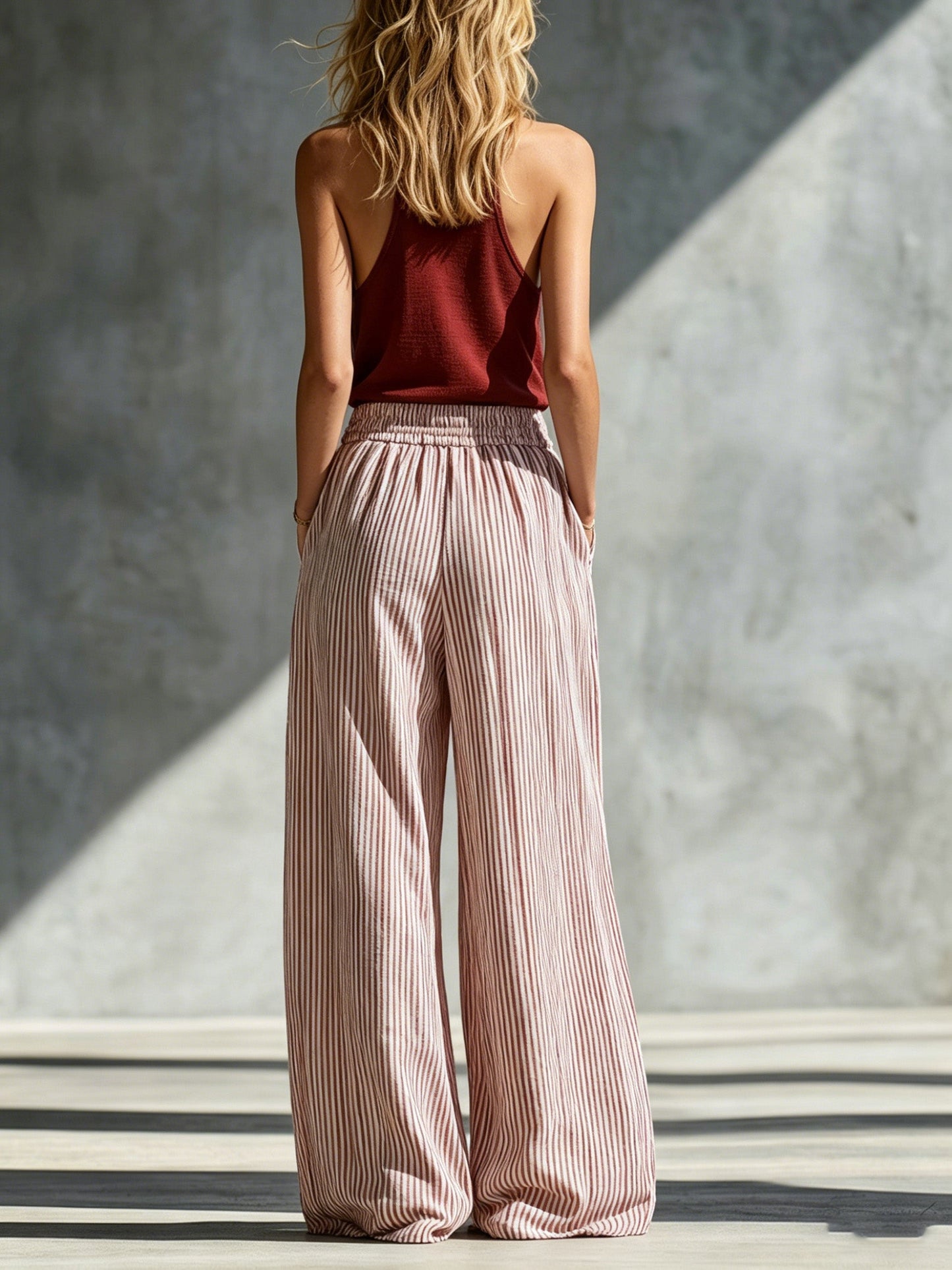Voile™ | Conjunto de chaleco y pantalones anchos de algodón y lino a rayas