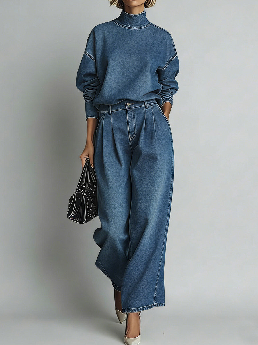 Henrietta™ | Conjunto de blusa informal holgada de denim de manga larga y cuello alto para mujer y pantalones informales holgados de denim de cintura alta y pierna ancha.