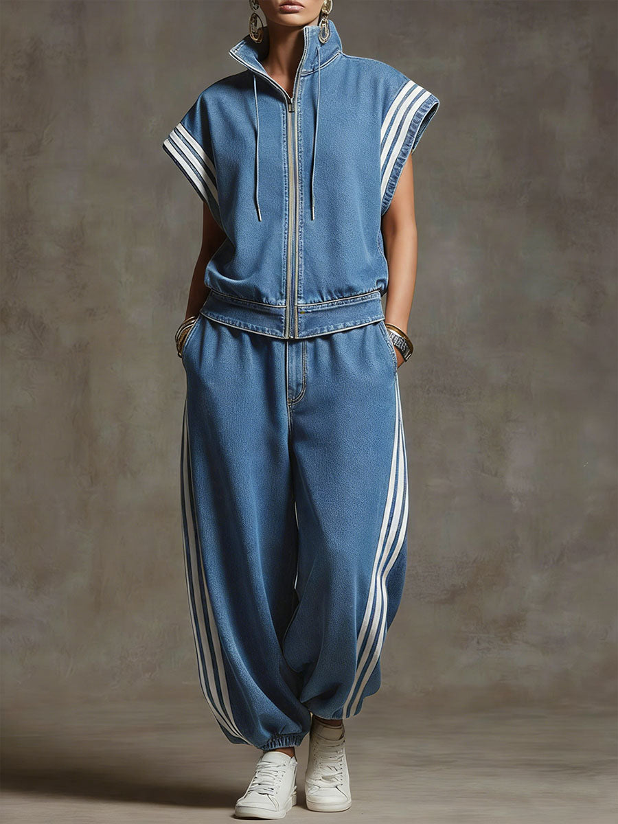 Grafit™ | Conjunto de mujer compuesto por una camiseta informal holgada de denim de manga corta y cuello alto y unos vaqueros de cintura alta y pierna ancha.