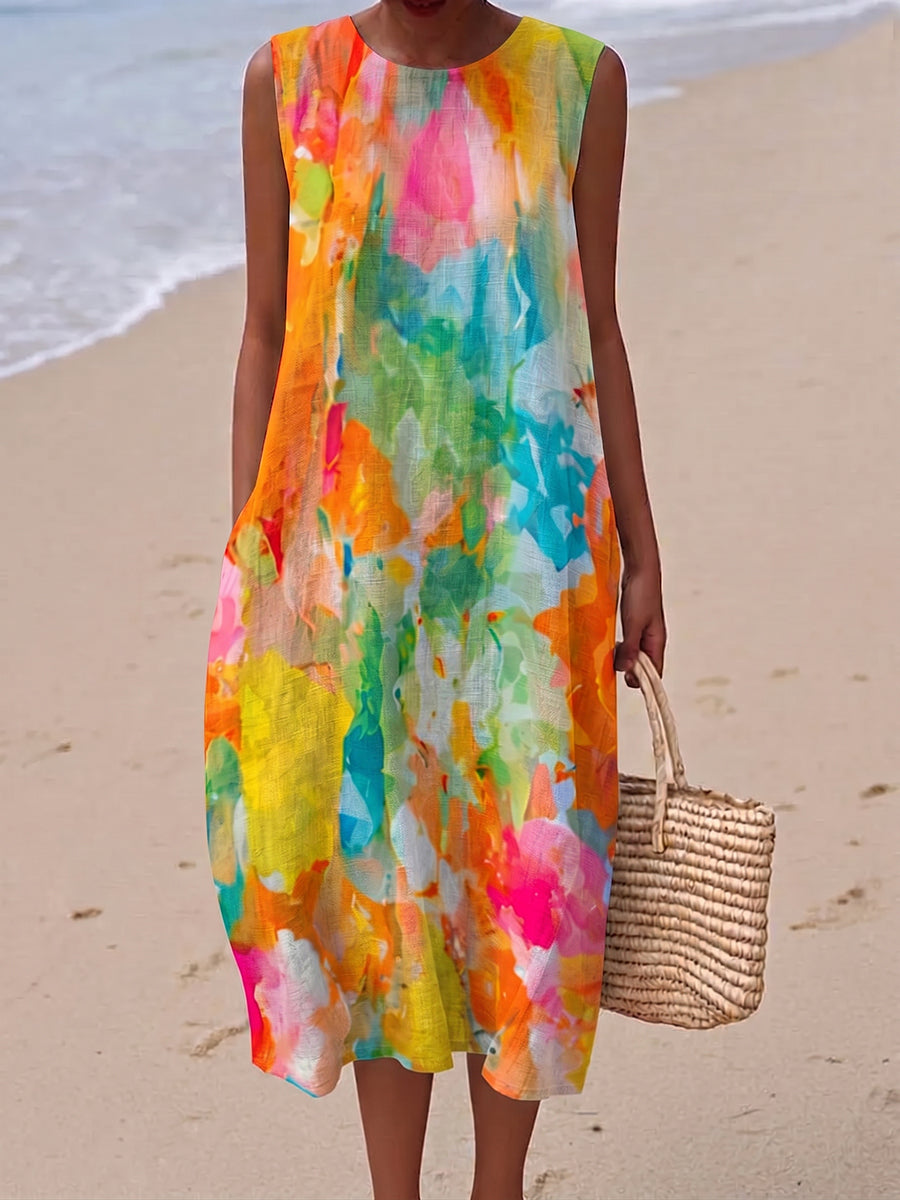 Static™ | Vestido de algodón y lino con estampado floral romántico en acuarela