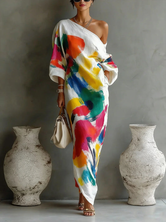 Cascade™ | Vestido largo de un solo hombro con estampado artístico para mujer