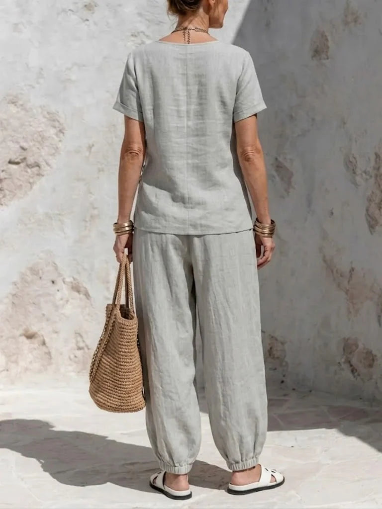 Organza™ | Conjunto de algodón y lino para mujer: top informal de corte asimétrico y pantalones acampanados