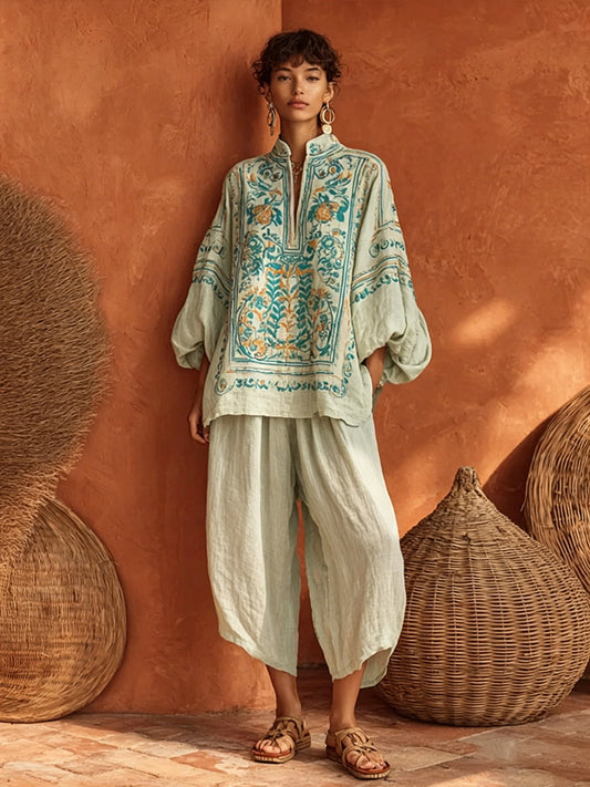 Mx™ | Conjunto de dos piezas (top y pantalón) de lino y algodón con estampado floral bohemio