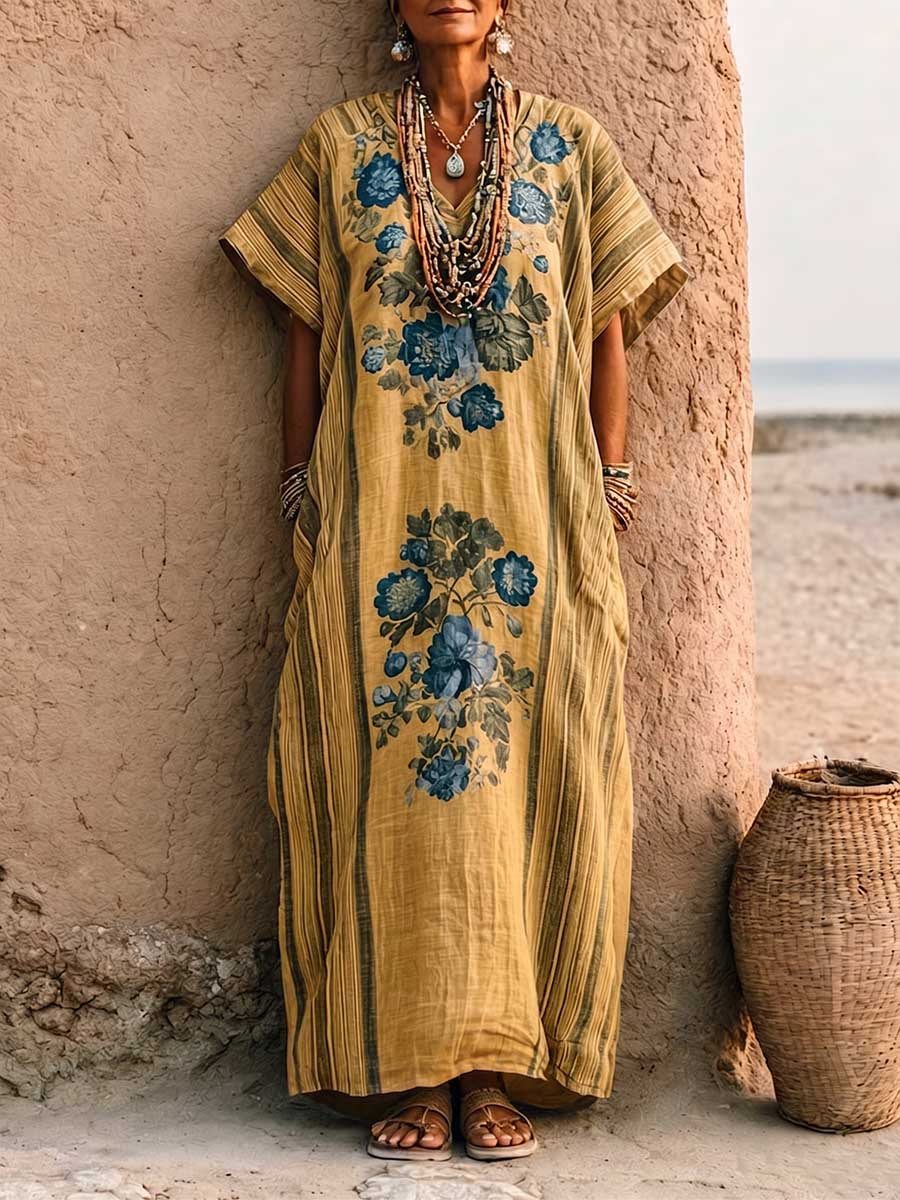 Chiffon™ | Vestido informal holgado de algodón y lino para mujer, con cuello en V, mangas cortas y estampado aplicado
