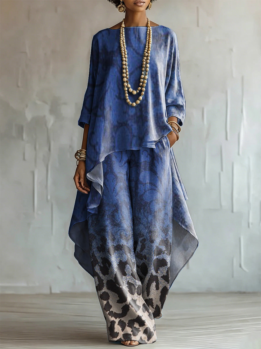 Elegant Artistic Leopard Print & Floral Two-piece Set