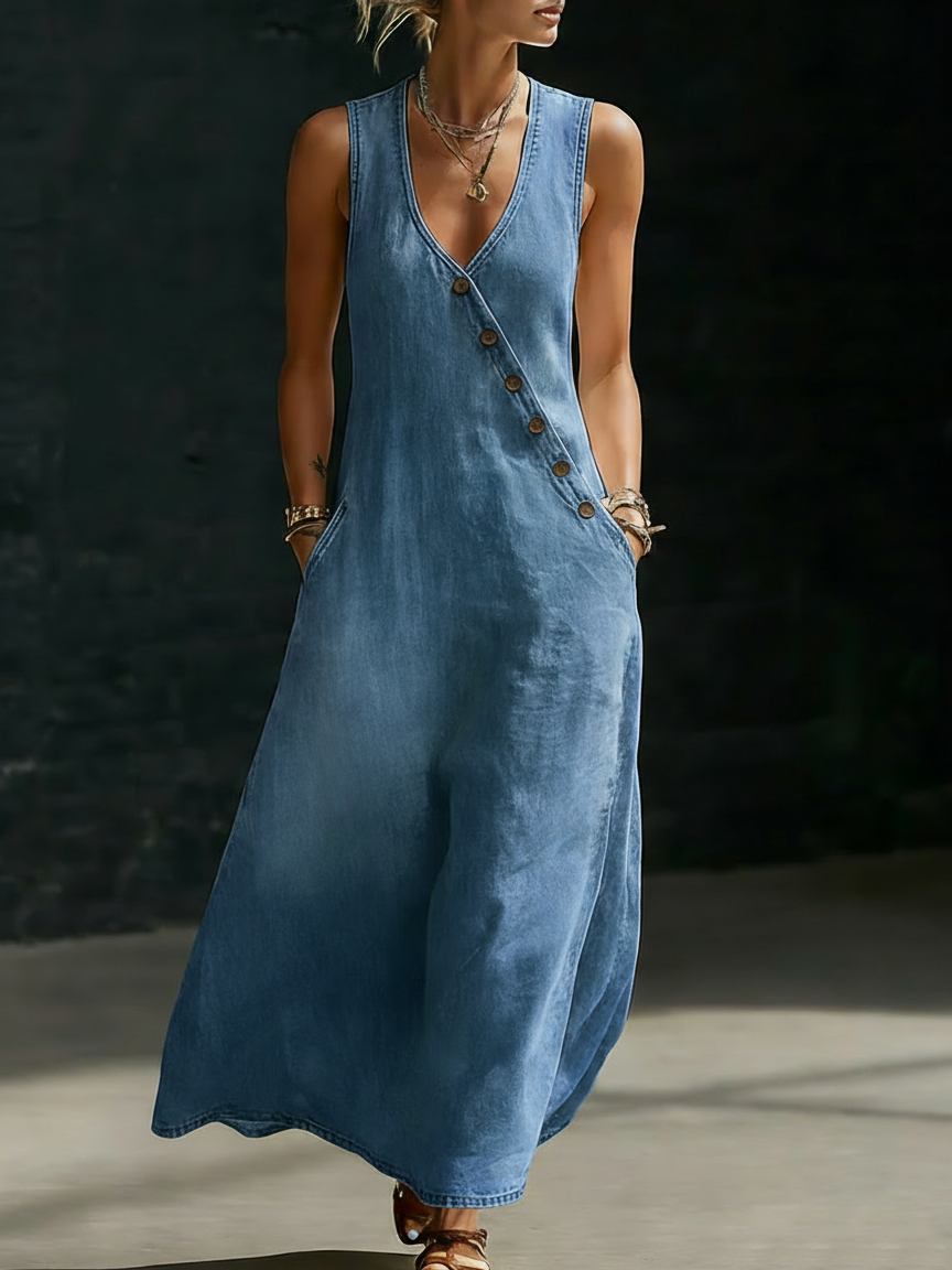 Neonx™ | Vestido minimalista de denim con cuello en V y botones