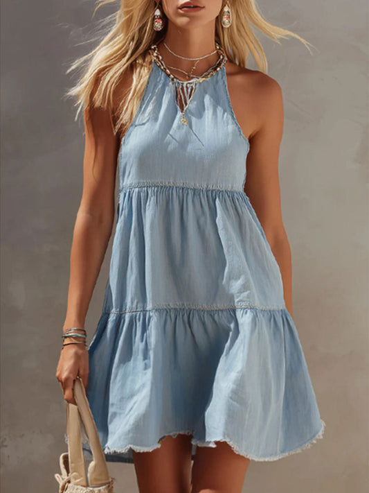 Zmra™ | Vestido mini sin mangas de denim azul claro para mujer