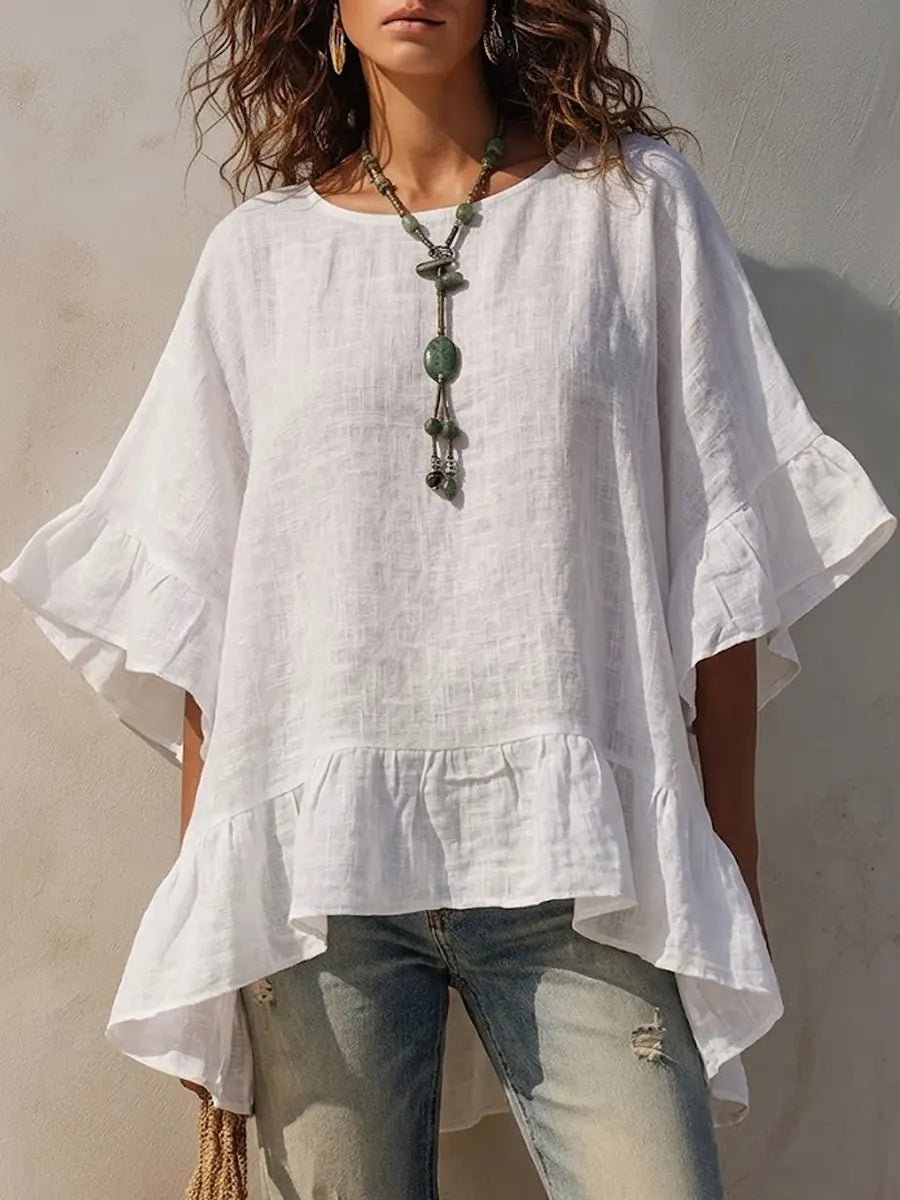 Linum™ | Top holgado informal de algodón y lino para mujer con volantes