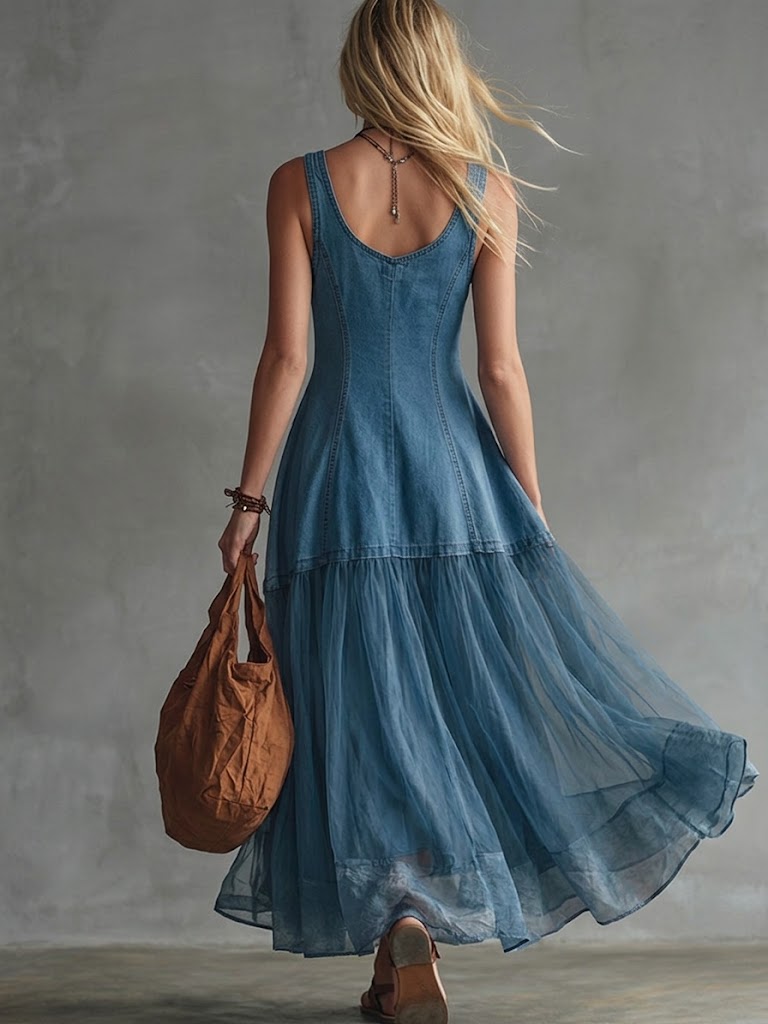 Dwla™ | Elegante vestido informal sin mangas de denim y gasa con diseño de patchwork