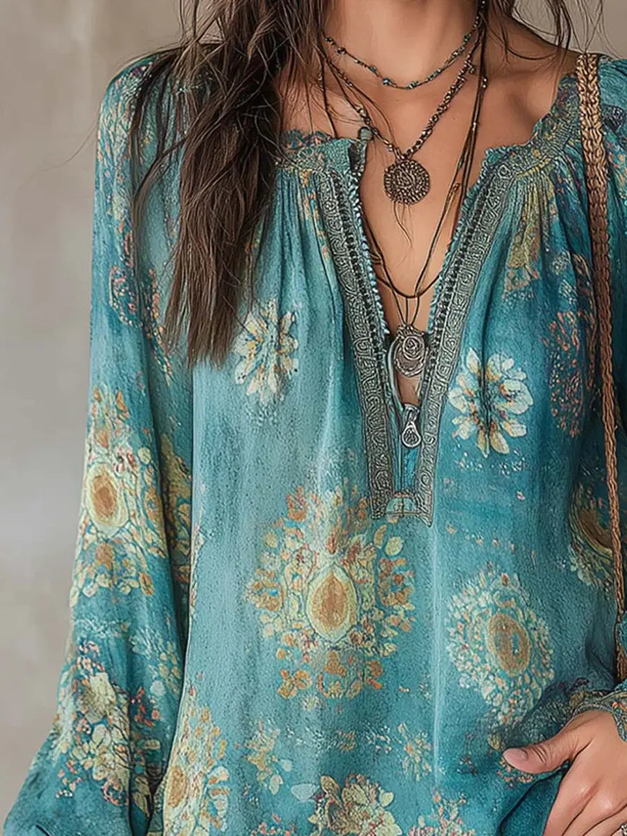 Slyn™ | Camisa informal de algodón de manga larga con estampado floral étnico para mujer