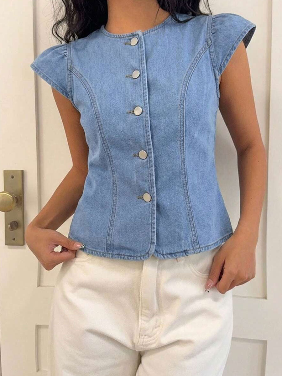 Phma™ | Camisa informal de denim sin mangas y cuello redondo