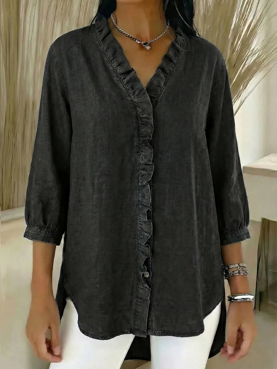 Maximila™ | Camisa informal de mujer de denim con cuello en V y volantes