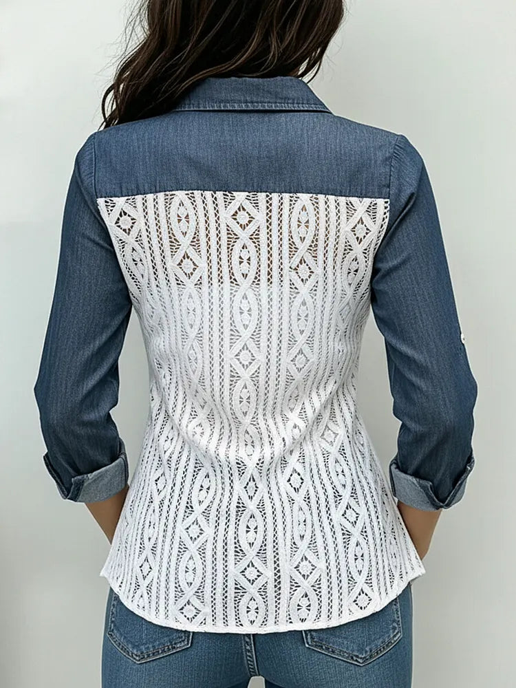 Zwet™ | Camisa de denim y encaje con diseño de patchwork y botones