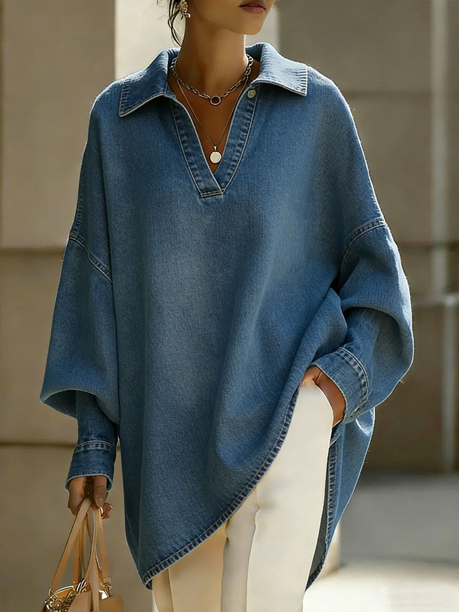 Frederica™ | Camisa vaquera holgada de manga larga con solapas para mujer