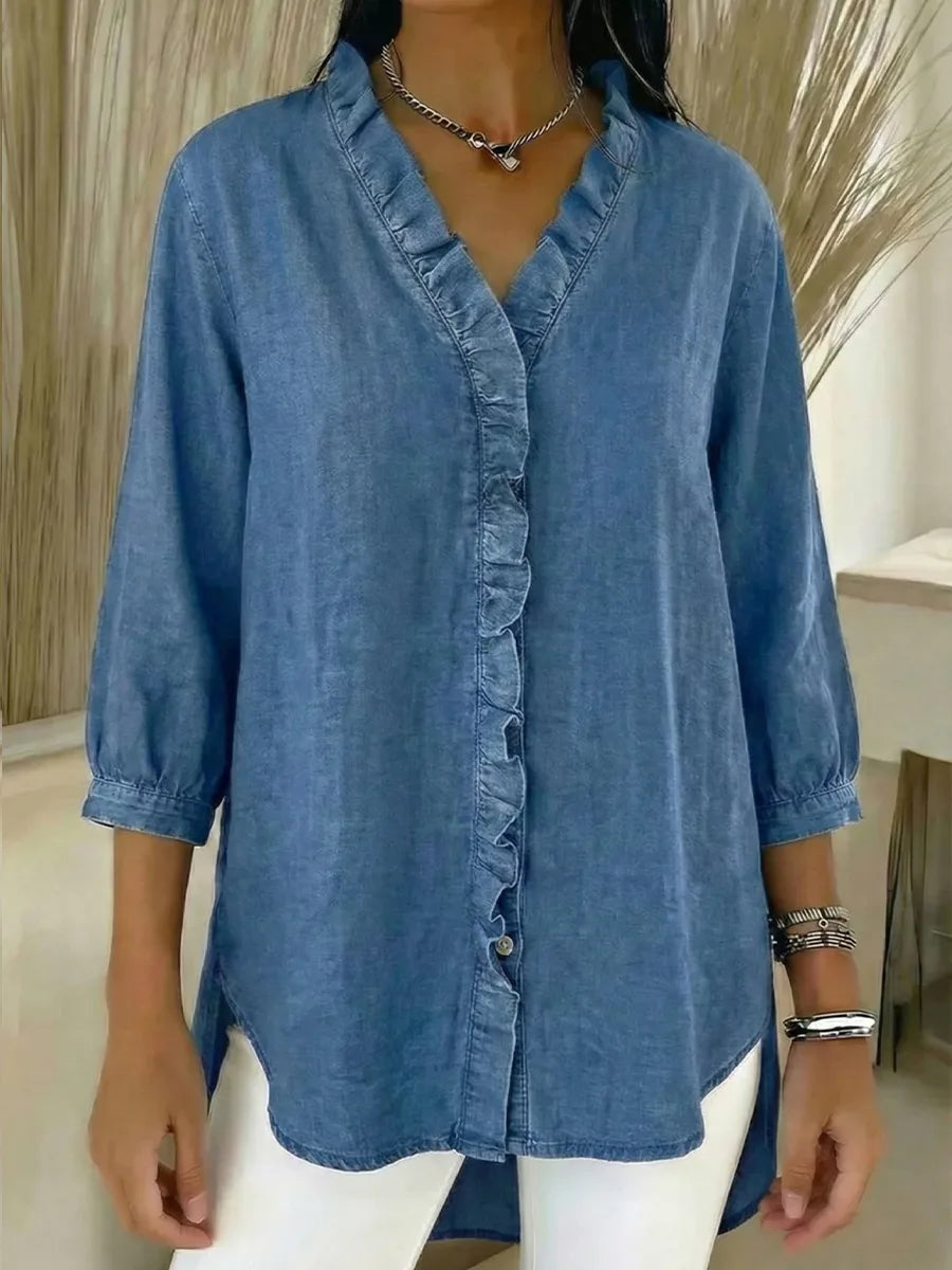 Maximila™ | Camisa informal de mujer de denim con cuello en V y volantes
