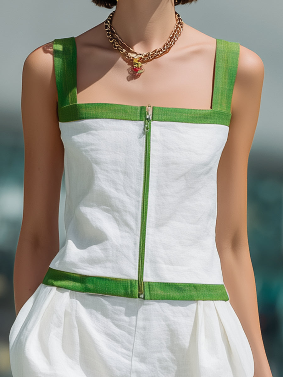 Tova™ | Conjunto de camiseta sin mangas de cuello cuadrado y pantalones de pierna ancha en lino y algodón con ribetes blancos y verdes