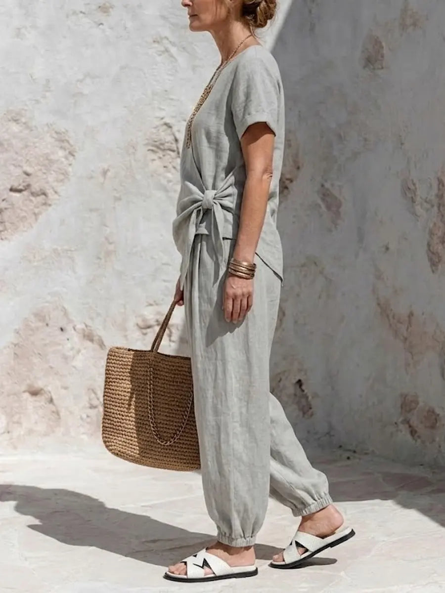 Organza™ | Conjunto de algodón y lino para mujer: top informal de corte asimétrico y pantalones acampanados