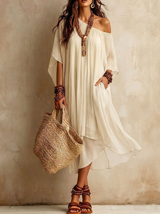 Nx™ | Vestido de mujer de gasa vaporosa con cuello asimétrico y manga corta