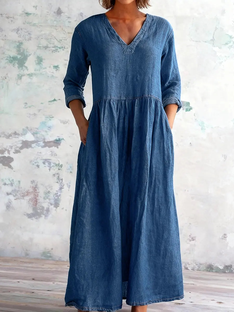 Dulcea™ | Vestido informal de algodón y denim con cuello en V para mujer