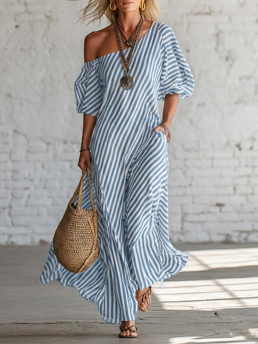 Wynd™ | Elegante y clásico vestido largo de rayas con hombros descubiertos