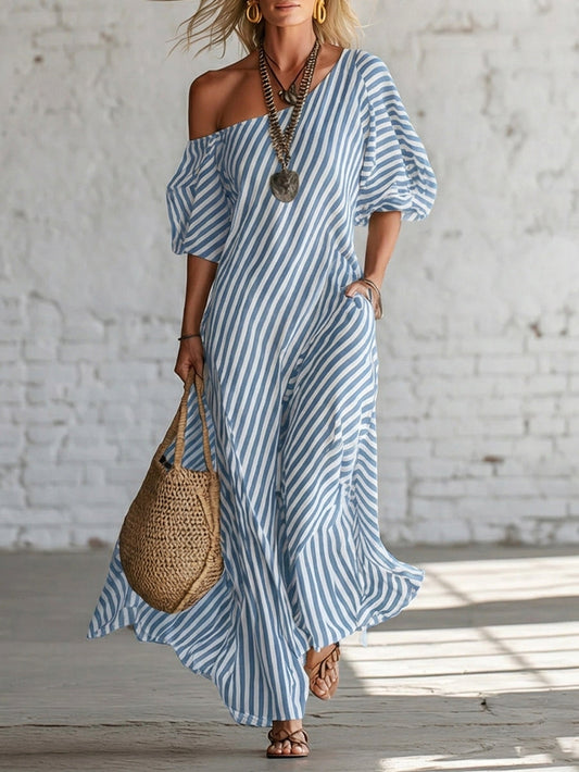 Wynd™ | Elegante y clásico vestido largo de rayas con hombros descubiertos