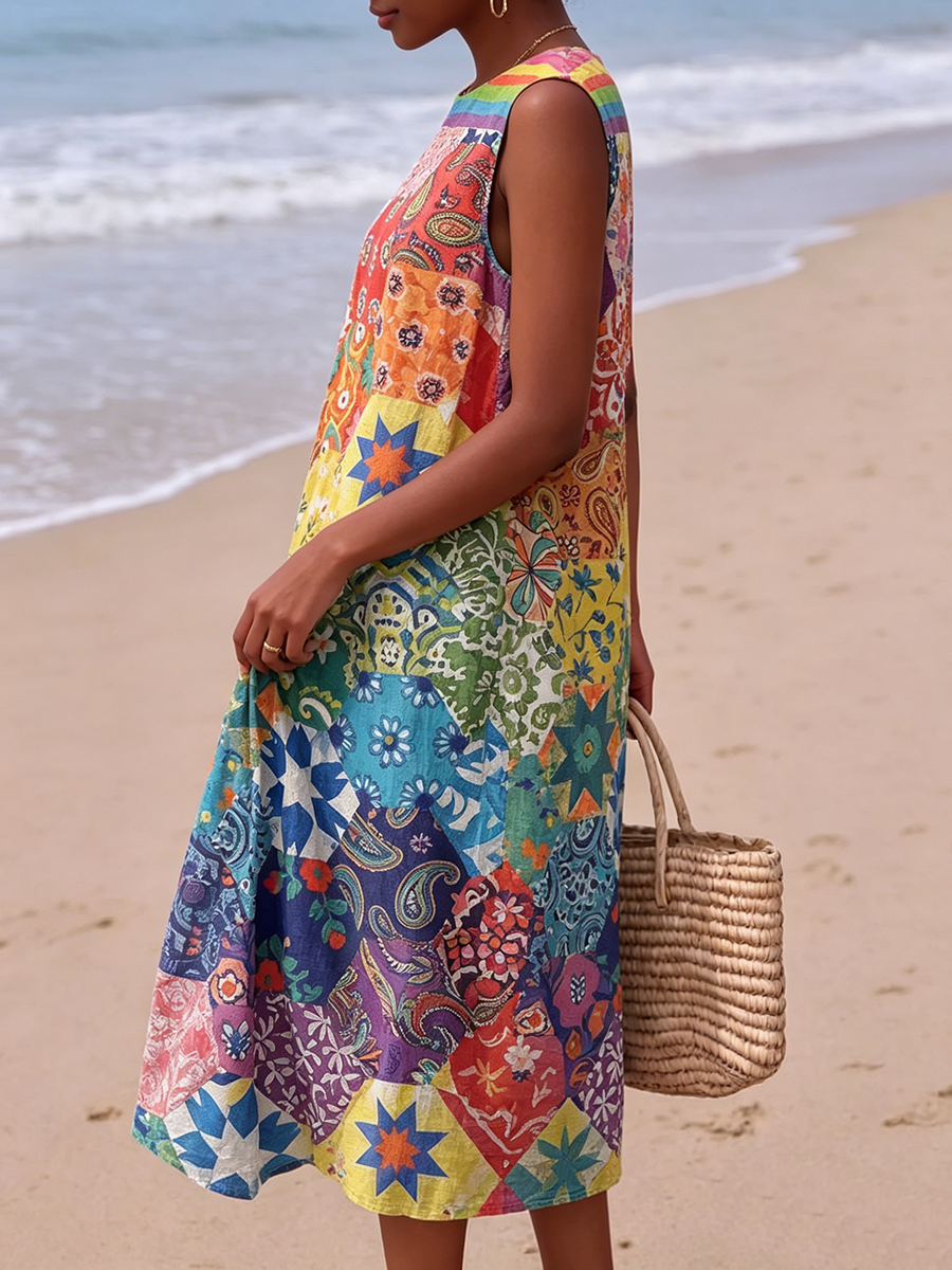 Rayx™ | Vestido artístico de algodón y lino con diseño floral en bloques de color