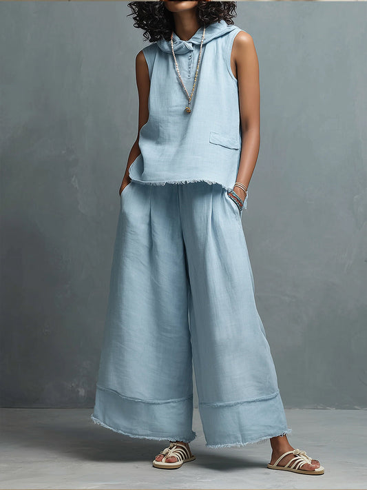 Lx™ | Conjunto informal de dos piezas de lino y algodón: top sin mangas con capucha y pantalones