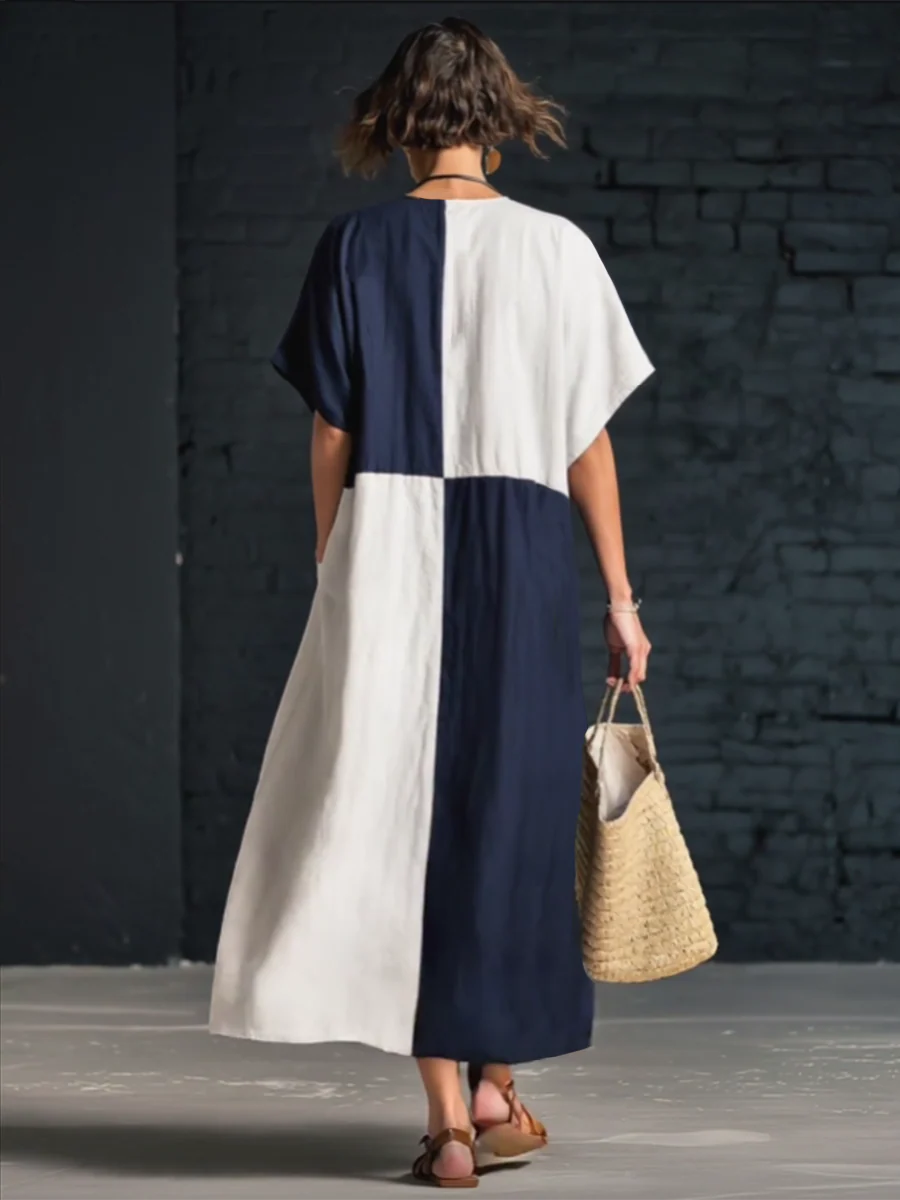 Byte™ | Elegante vestido midi holgado de lino y algodón con bloques de color