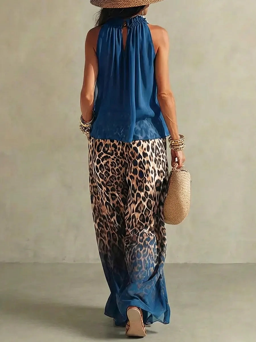 Onyxí™ | Conjunto de top sin mangas de estilo retro y pantalones con estampado de leopardo para mujer